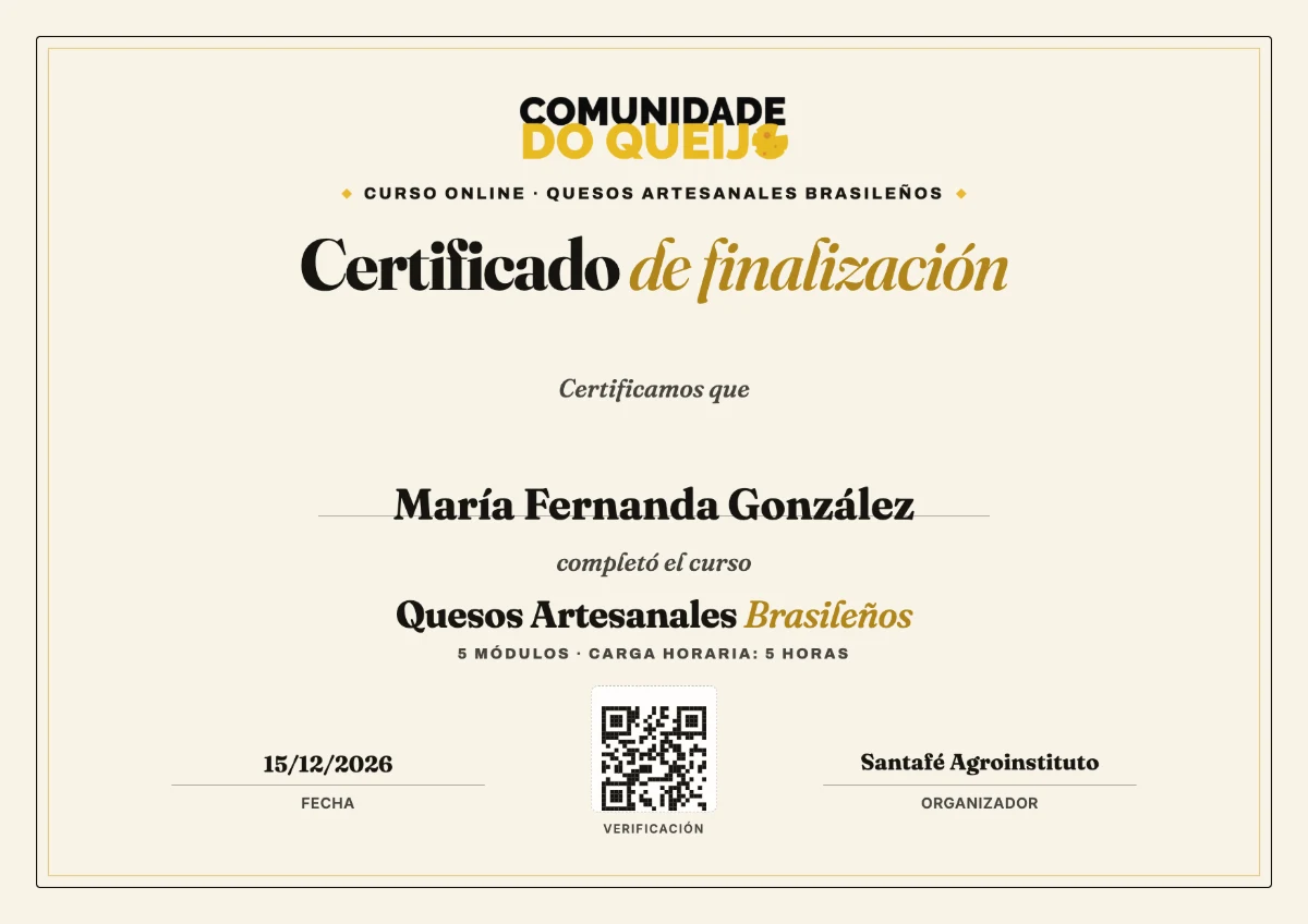 Ejemplo del certificado de finalización del curso Quesos Artesanales Brasileños